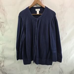 Foxcroft Sweater Womens XL Navy Cardigan Cotton Snap Button Up Crochet Sleeve